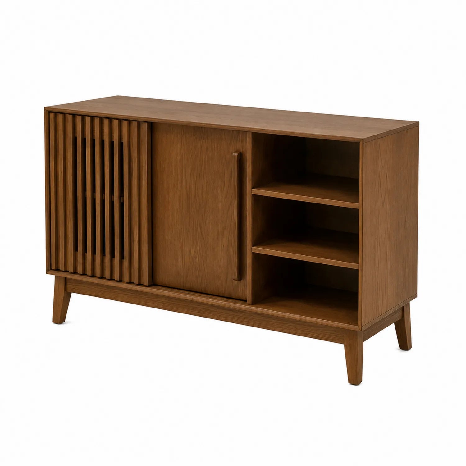 Credenza in legno massello con ante scorrevoli e mensole aperte