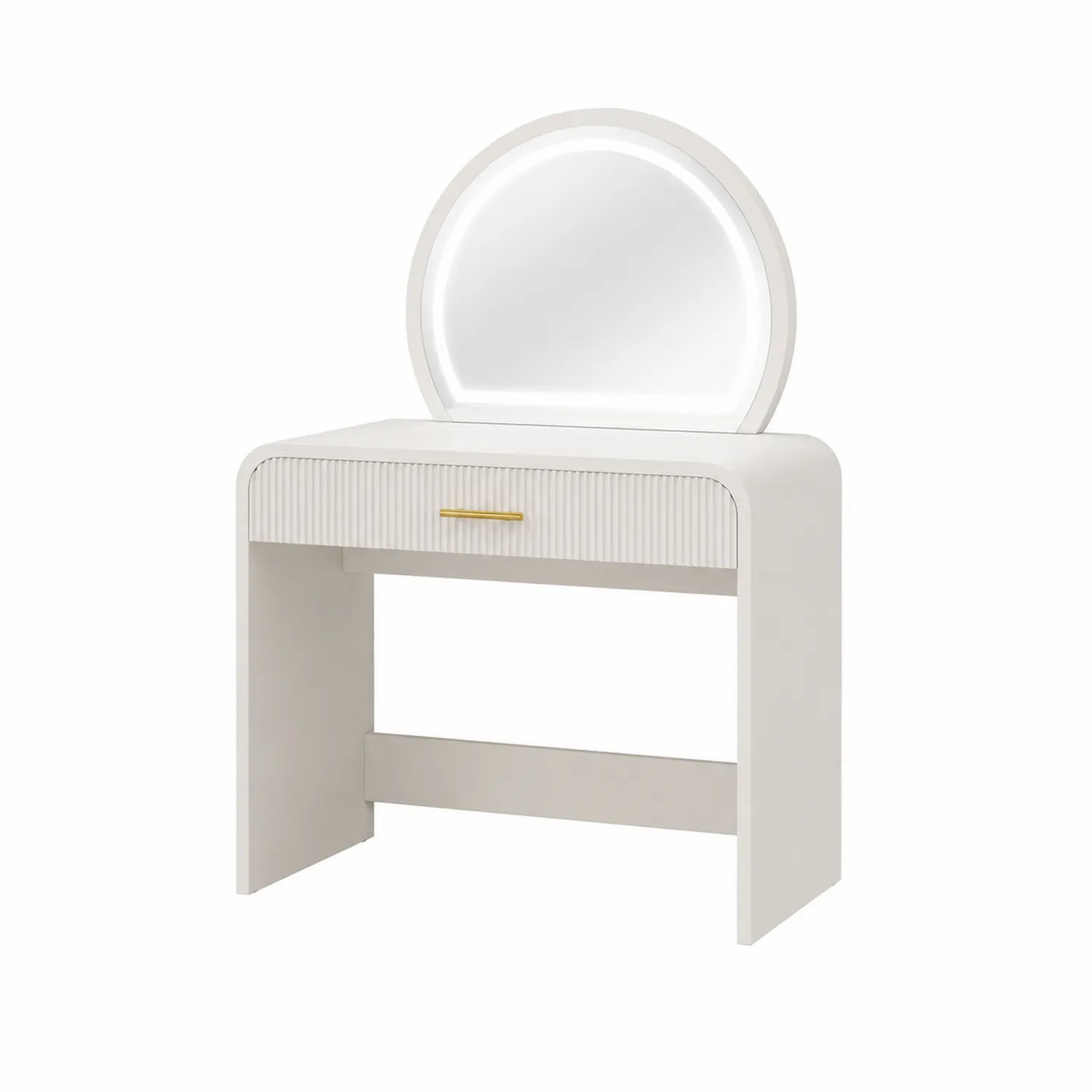 Toeletta in Legno con Specchio LED Rotondo, Bianco, 80x40x130 cm