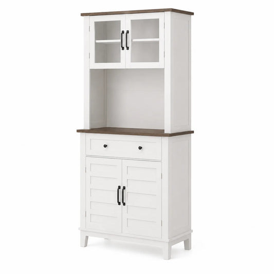 Credenza Bianco in Legno Massello con Vetro Temperato